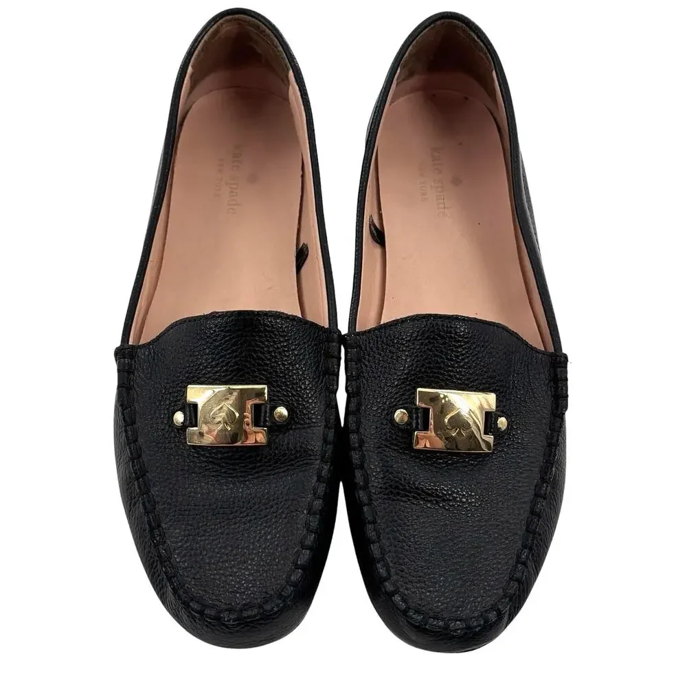 Kate Spade Black Leather Carmen Gold Tone Hardware Loafers